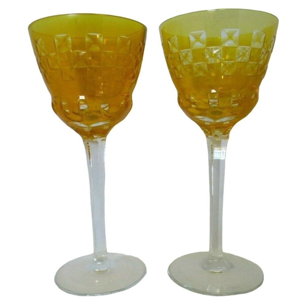 Vintage Bohemian Yellow Cased Cut to Clear X in Square Pattern Wine Pair